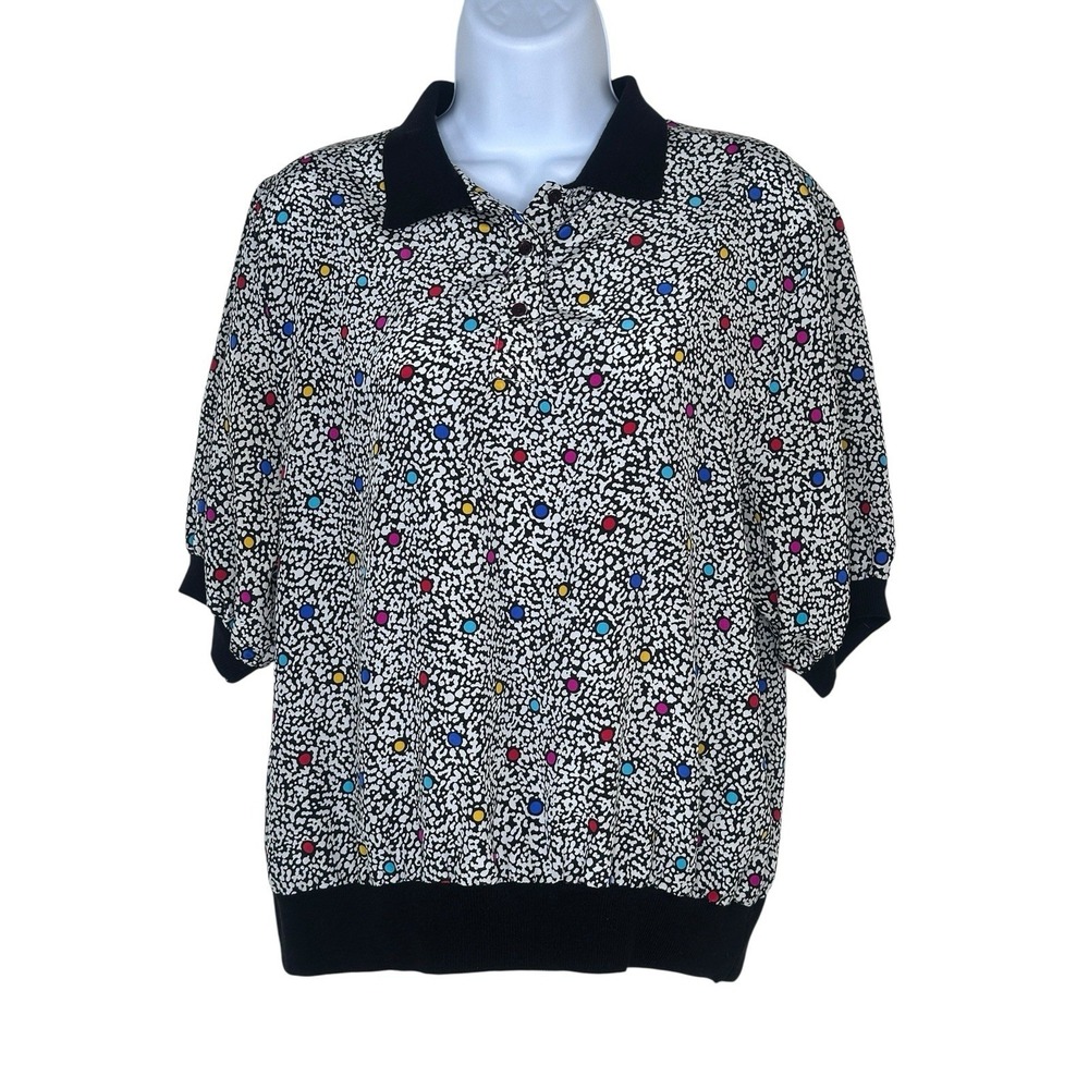 Vintage 80s 90s MOD Polo Shirt Women Medium Large Black White POP Retro Confetti